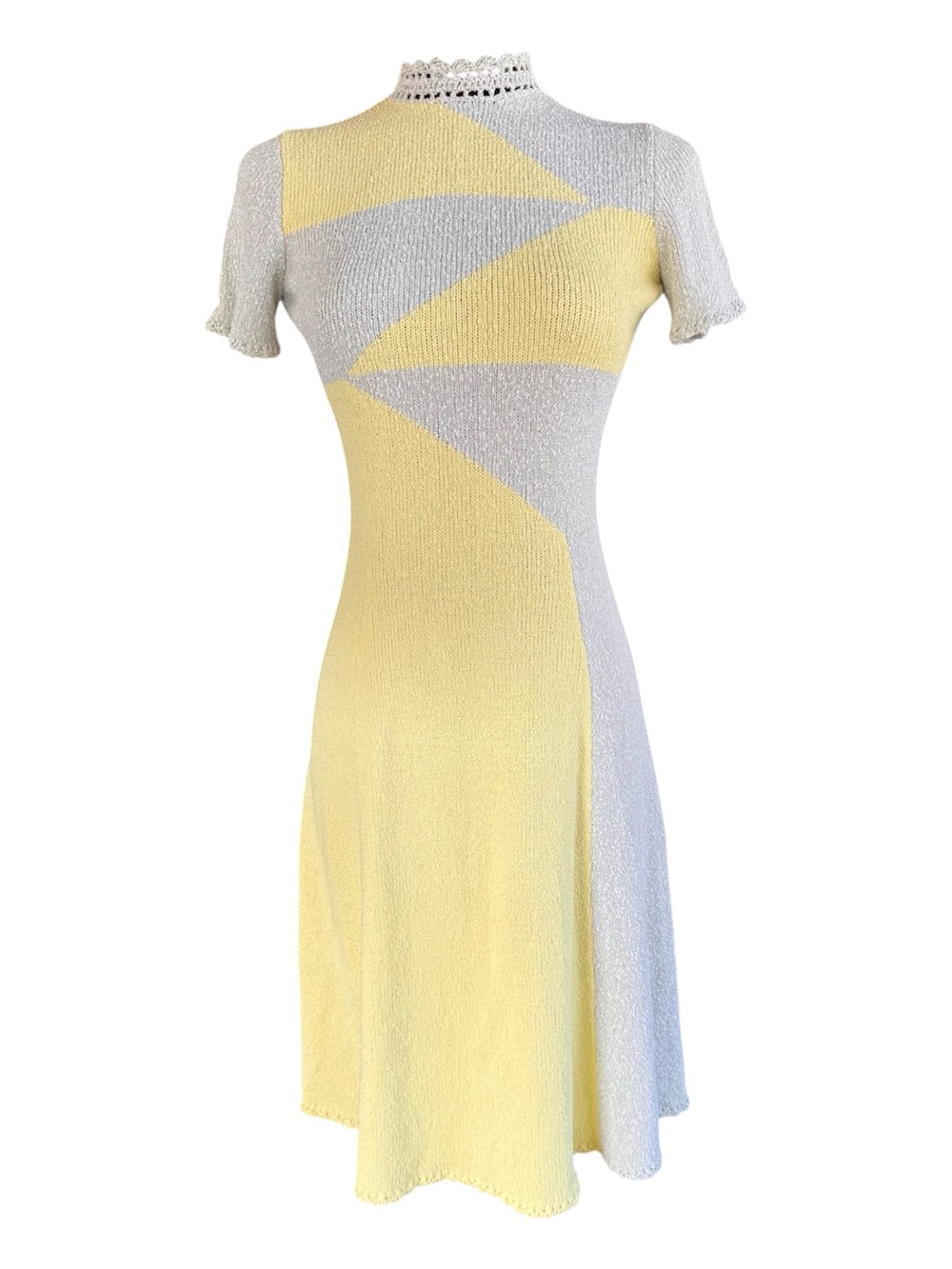 Picardo Knits Vintage Dress Size 8 yellow Gray Color Block High Neck Crotchet